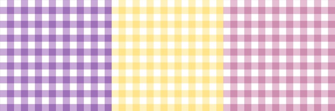 Set of three gingham plaid patterns in shades of purple, yellow, and mauve pink. Classic checked pattern adds a touch of rustic charm to any project.
