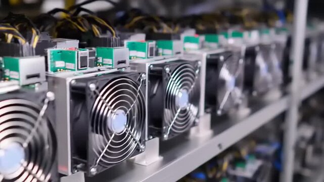 Row of cryptocurrency mining hardware with fans and cables.