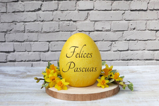Un huevo amarillo con la inscripci&oacute;n en espa&ntilde;ol "Felices Pascuas" en un disco de madera, rodeado de narcisos amarillos frente a una pared de ladrillo blanco.