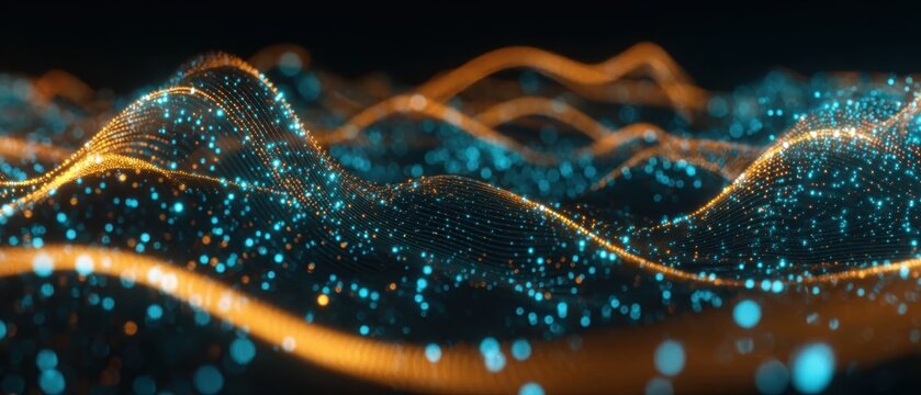 Dark wave background illuminated with blue and orange glowing dots, creating a sense of digital data streaming, perfect for use in sci-fi visuals, music videos, or gaming environments.