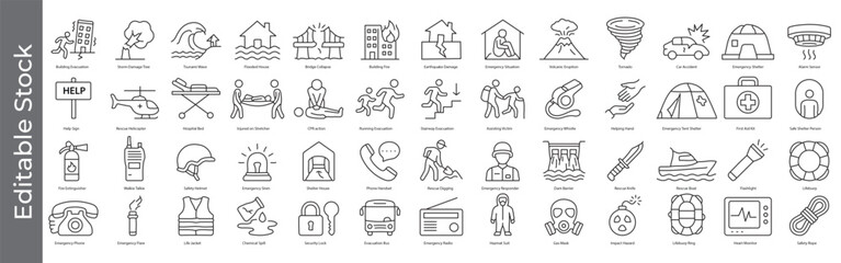 Emergency, disaster and rescue icon set – editable outline symbols of evacuation, shelter, accident, first aid, rescue and safety