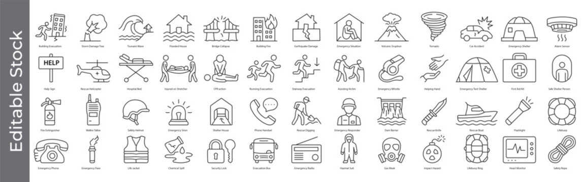 Emergency, disaster and rescue icon set &ndash; editable outline symbols of evacuation, shelter, accident, first aid, rescue and safety