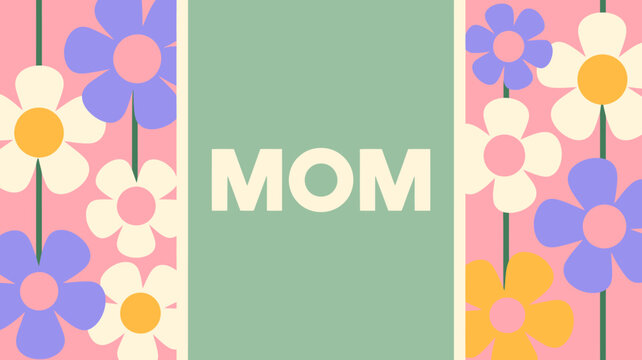 Colorful floral pattern with mom text on green rectangle