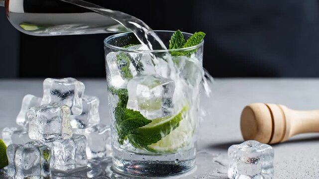 Bartender Preparing Refreshing Mojito Cocktail With Lime, Mint, and Ice Cubes in Glass