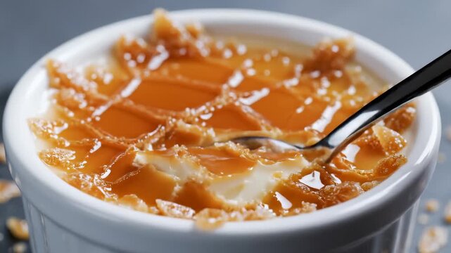 Close-Up of a Spoon Scooping a Delicious Creme Brulee Dessert With Caramelized Sugar Crust
