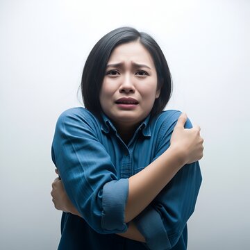 A vulnerable young Asian woman with a distressed expression, hugging herself tightly for comfort in