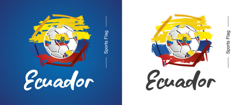 Abstract Ecuador national flag ribbon soccer ball sport icon label banner handwritten typography lettering