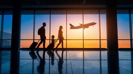 Airport family travel, vacation airplane silhouette, sunset terminal window, people walking luggage © MastersedZ