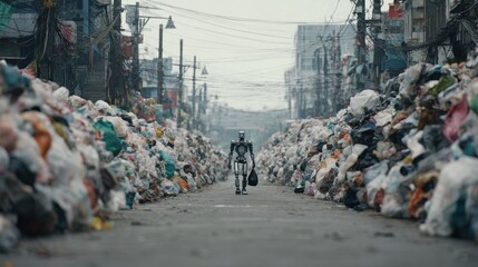 Obraz premium Robot walking through a street filled with garbage bags in a city
