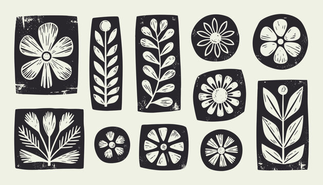 Linocut Floral Stamp Set - Hand Drawn Botanical Woodblock Elements