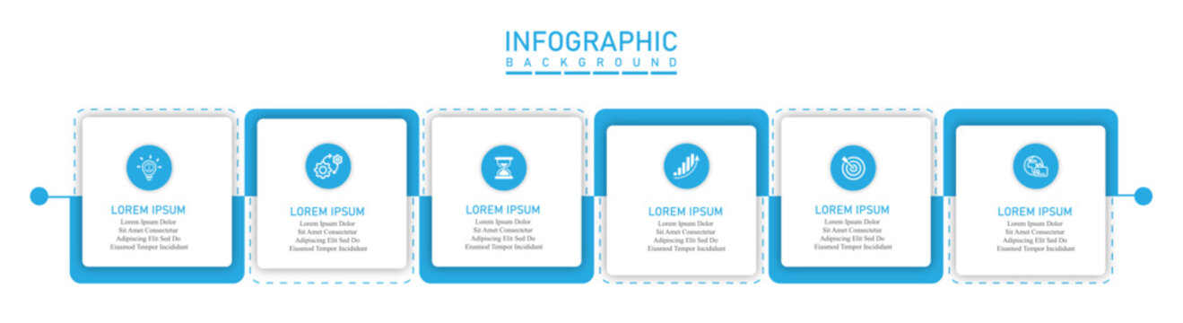 Business infographic with 6 rectangular steps information templates with icon | Marketing traditional chart for representing business condition or growing process with blue illustration