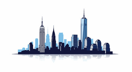 Obraz premium Stylized, flat-color city skyline with tall buildings and reflections