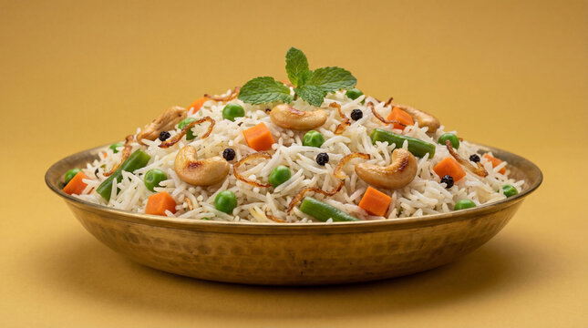 Delicious vegetable pulao or veg biryani served in a traditional brass bowl on a golden background