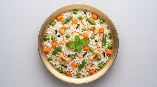 Top view of delicious vegetable pulao or biryani served in a brass bowl, garnished with mint leaves, cashews, and spices on a light grey background
