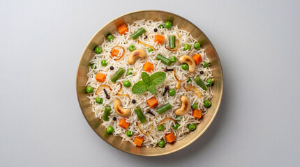 Top view of delicious vegetable pulao or biryani served in a brass bowl with cashews, peas, carrots, beans, and mint leaves on a grey background © Food Shop