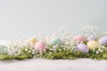 Fototapeta premium Soft pastel Easter eggs scattered among delicate white flowers and green moss on a light background, creating a serene and festive springtime scene