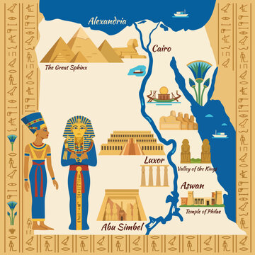 An artistic map highlighting Egypt's iconic landmarks, including pyramids, temples, and historical figures, capturing the rich cultural heritage and ancient history.