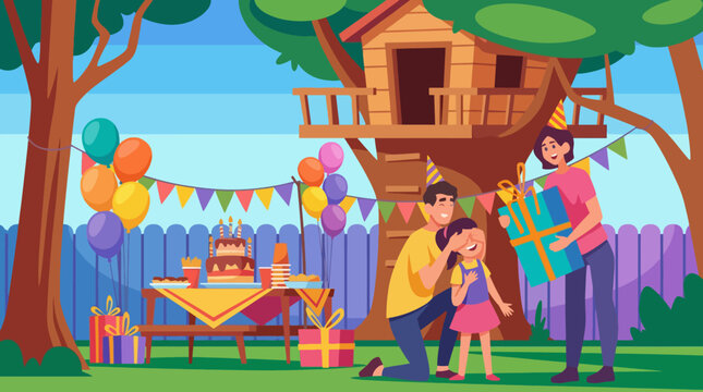 This cheerful scene captures a family celebrating a child's birthday outdoors, complete with a cake, presents, balloons, and a vibrant treehouse backdrop for festive joy.