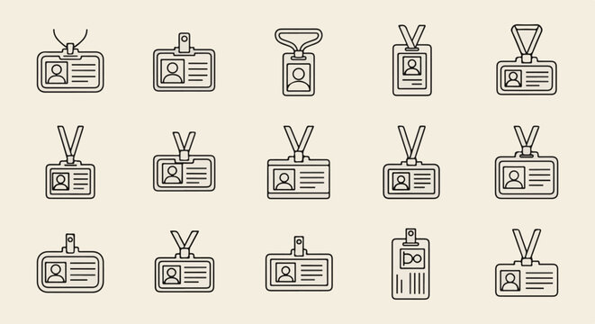 Multiple outline icons of identification cards with lanyards