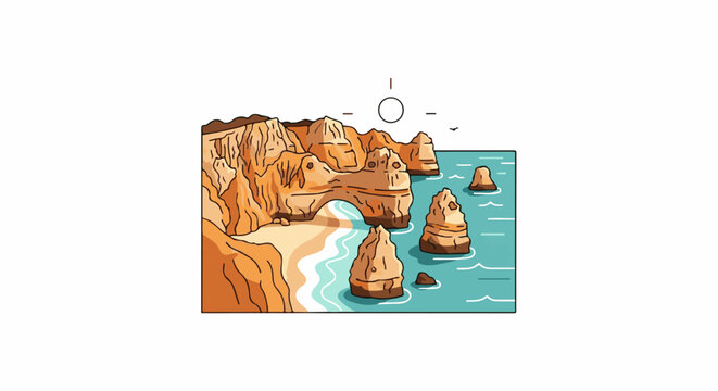Coastal cliffs with arch, beach, turquoise sea, rocks, sun and birds