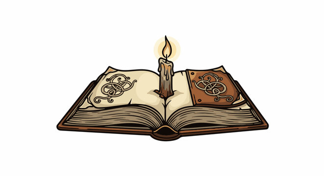 Open ancient book with a burning candle in the middle, casting a warm glow