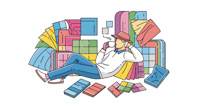 Man in hat relaxing with coffee amidst colorful fabric swatches