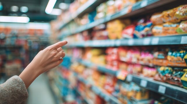 Person shopping for food at supermarket.