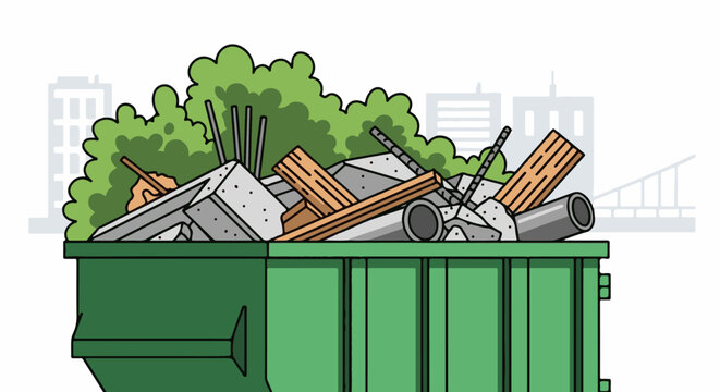 Green dumpster overflowing with construction debris against a city skyline