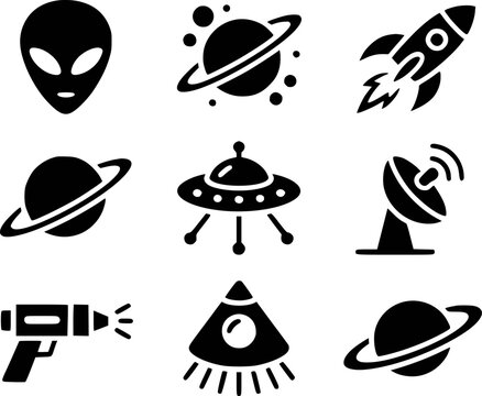 Collection of black depicting space exploration and alien themes rocket planet