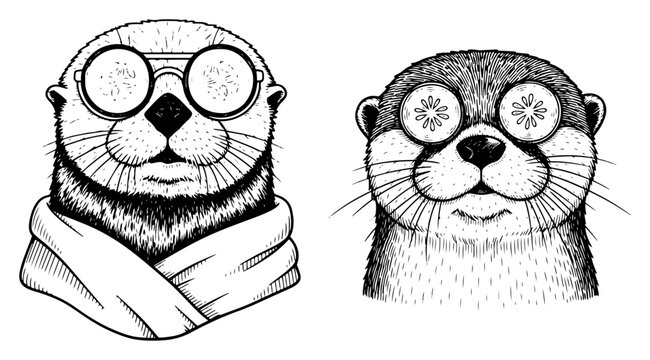 Cute otters wearing glasses and cucumber slices on eyes in vintage engraving style