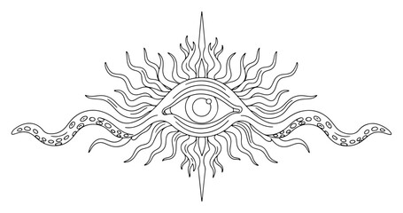 Mystic eye with sun rays and octopus tentacles in esoteric line art style © Katarzyna