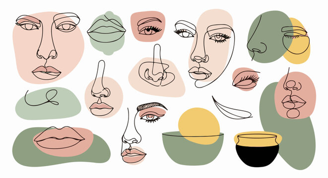 Abstract minimal art featuring fragmented human faces, eyes, and lips
