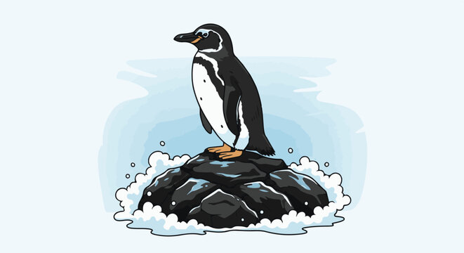 A penguin stands on a rock surrounded by water and bubbles