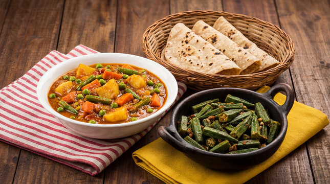Traditional indian meal featuring vegetable curry, okra stirfry, and roti bread served on a rustic wooden table