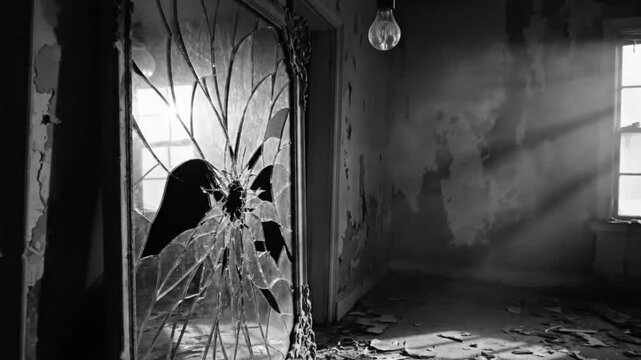 Black and white shot of an abandoned room with broken glass, sunlight, peeling paint, and a dangling lightbulb