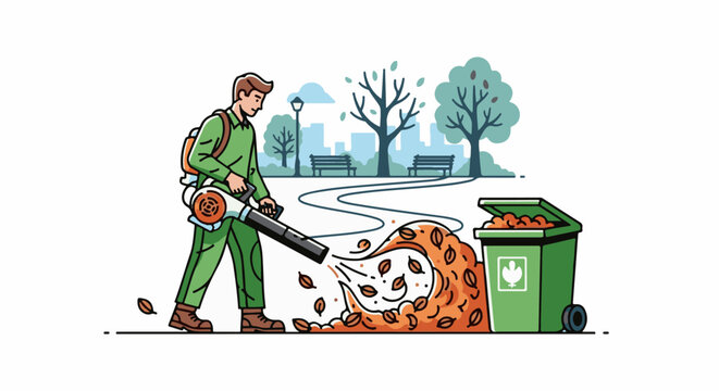 Person blowing leaves into a trash bin in a park with trees and benches