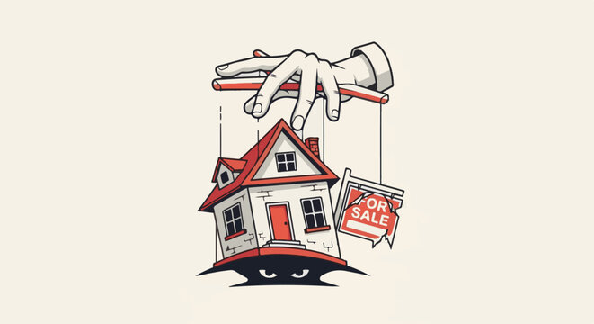 A hand manipulates a house with a for sale sign as sinister eyes peer from below
