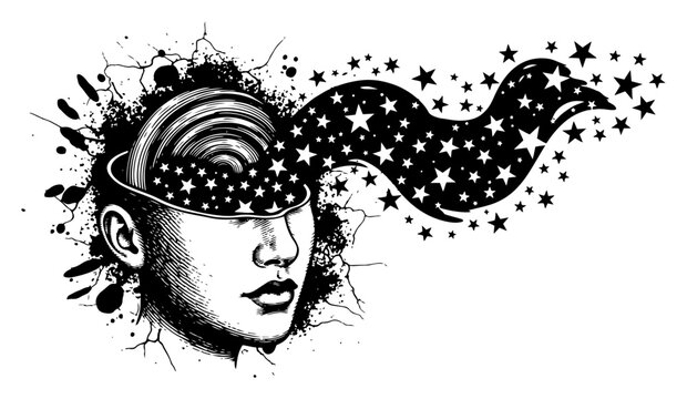 Human head with stars flowing out for dreams and imagination concept in surreal ink style
