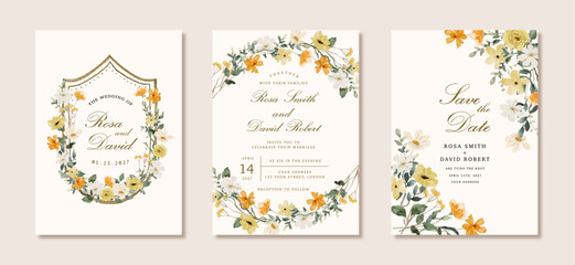 wedding invitation set with yellow white wildflower watercolor frame