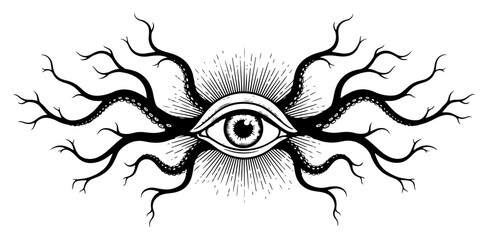 Mystical eye symbol with radiating organic branches for esoteric and surreal concepts © Katarzyna