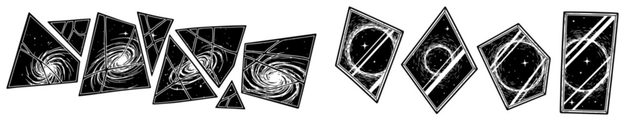 Swirling galaxies and stars trapped inside geometric shards in modern graphic style © Katarzyna