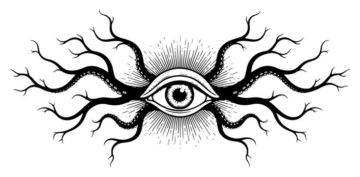 Mystical eye symbol with radiating organic branches for esoteric and surreal concepts