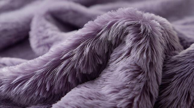 Close-up of fluffy purple fur fabric with soft wavy pile showing plush cozy texture and luxurious tactile quality. Fabric texture, plush material, purple fur, cozy textile,, with
