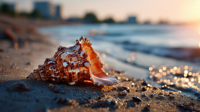 Orange seashell resting on sandy beach with warm sunlight highlighting its surface texture in high resolution detail. Defocused beach background. Seashell beach, orange shell,