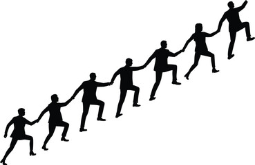 Fototapeta premium teamwork, cooperation, support, helping, climbing, stairs, success, motivation, business, partnership, unity, solidarity, people, silhouettes, bla Black silhouettes of people holding hands climbing up