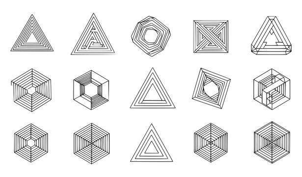 Impossible Shapes Optical Illusion Vector Set Sacred Geometry Black Lines Isolated Stock