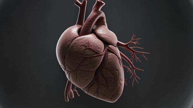 Ultra realistic human heart pumping blood with detailed arteries and veins. Medical scientific visualization for cardiology and healthcare projects.