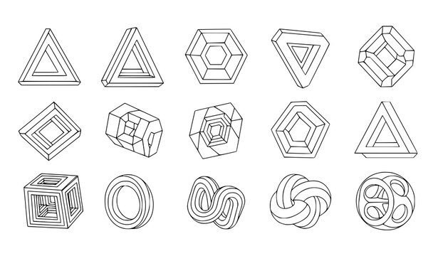 Impossible Shapes Optical Illusion Vector Illustration Objects Set Black Lines Isolated