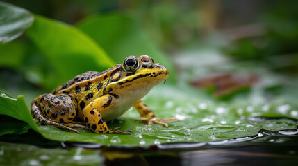 Fototapeta premium Colorful spotted frog with glistening water droplets perched on a lily pad in a serene green pond. Macro close-up of amphibian in natural habitat. Defocused water background. Frog