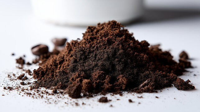 Falling clump of dark fertile soil earth isolated on a clean white background. Soil fall, earth texture, garden concept, isolated soil, organic material,, with copy space